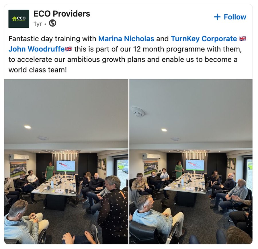 Eco Providers LinkedIn post about working with Marina Nicholas