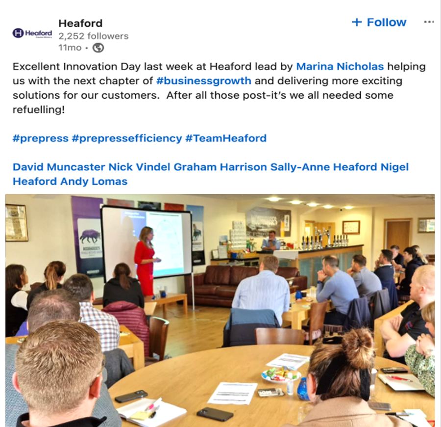 LinkedIn post by Heaford about their Innovation Day led by Marina Nicholas